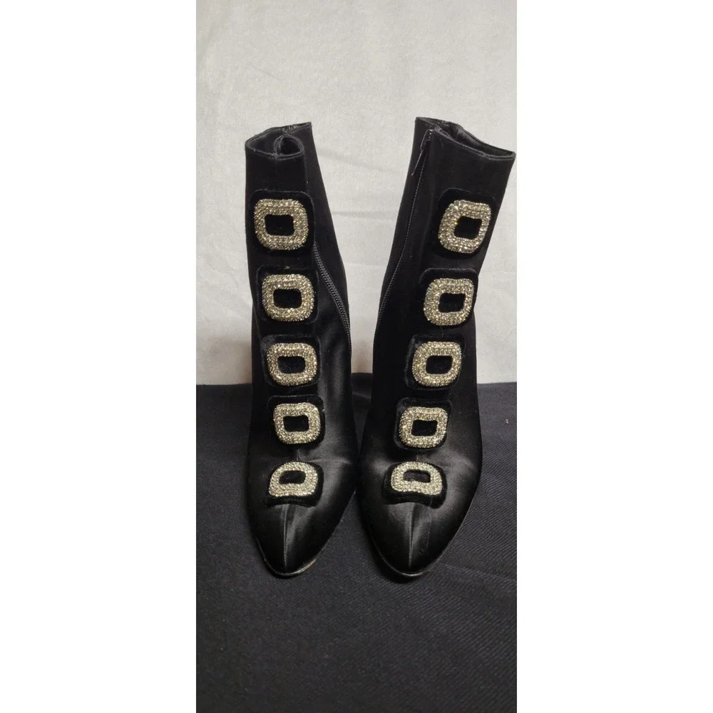 Black Satin Manolo Blahnik Suwalki Ankle Boots With Jeweled Buckles Size 39